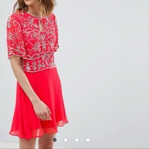 Frock and Frill Embellished Top 2 in 1 Skater Dress - Coral